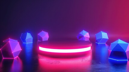 Poster - A neon podium surrounded by glowing 3D geometric shapes, such as tetrahedrons and octahedrons, for a striking visual effect. 