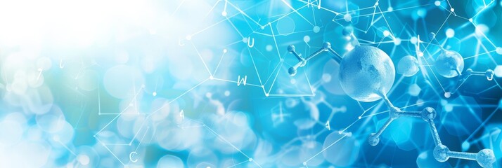 Poster - Molecular structure on a blue bokeh background with chemical formulas. Suitable for scientific research and healthcare designs. Concept of medical and pharmaceutical innovation.