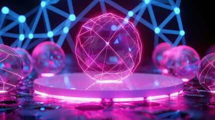 Poster - A neon podium with a 3D geometric backdrop, including glowing spheres and interconnected lines, for a modern and striking look. 