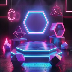 Poster - A neon podium surrounded by glowing 3D geometric shapes, such as tetrahedrons and octahedrons, for a striking visual effect.