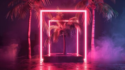 Poster - A square pedestal with neon lights and palm trees, set against a dark background for a striking and dramatic visual effect. 