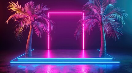 Poster - A square pedestal with neon lights and palm trees, set against a dark background for a striking and dramatic visual effect. 
