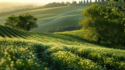 Wall Mural - Rolling Green Hills with Blooming Wildflowers and Trees in a Serene Countryside Landscape at Sunrise in Spring