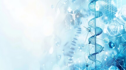 Poster - DNA helix and molecular structures on a blue background. Ideal for healthcare and genetic research presentations. Concept of medical innovation and discovery.