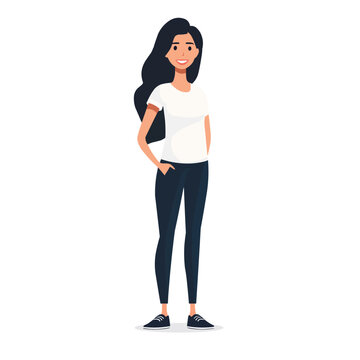 A woman stands and smiles, a simple illustration of a person, a flat image, isolated on a white background, one person