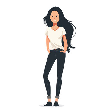 A woman stands and smiles, a simple illustration of a person, a flat image, isolated on a white background, one person
