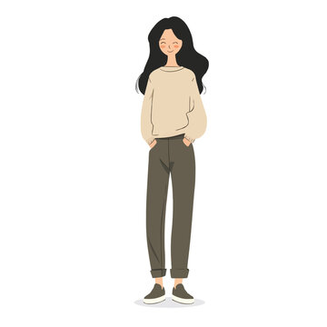 A woman stands and smiles, a simple illustration of a person, a flat image, isolated on a white background, one person