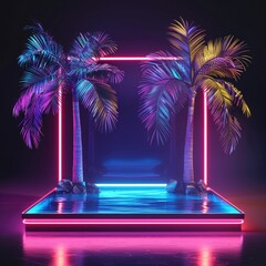 Poster - A square pedestal with neon lights and palm trees, set against a dark background for a striking and dramatic visual effect.
