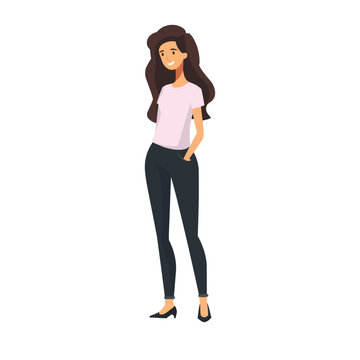 A woman stands and smiles, a simple illustration of a person, a flat image, isolated on a white background, one person