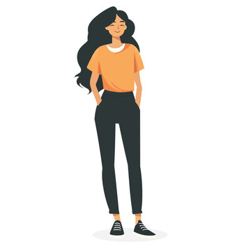 A woman stands and smiles, a simple illustration of a person, a flat image, isolated on a white background, one person