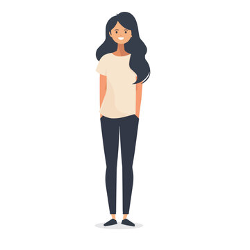 A woman stands and smiles, a simple illustration of a person, a flat image, isolated on a white background, one person