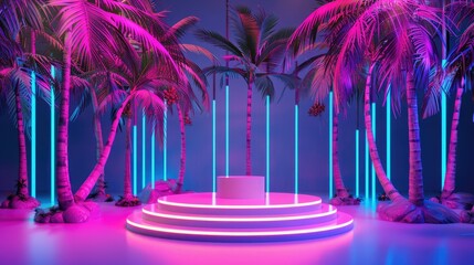 Poster - A circular podium surrounded by neon-lit palm trees, creating a futuristic and immersive environment for showcasing products.