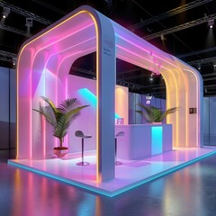 Poster - A modern exhibition stand with a minimalist design, surrounded by palm trees and illuminated by colorful neon lights.
