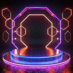 Poster - A circular neon podium with glowing hexagons and triangles around it, creating a futuristic and dynamic composition. 