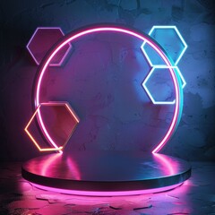 Poster - A circular neon podium with glowing hexagons and triangles around it, creating a futuristic and dynamic composition. 