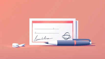Poster - A 3D illustration of a signed check with a pen and a stack of coins.
