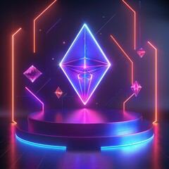 Poster - A neon-lit podium with a geometric backdrop of glowing lines and shapes, including diamonds and polygons. 