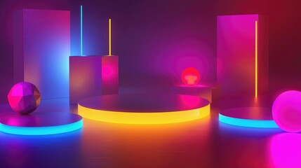 Poster - A vibrant neon podium surrounded by geometric shapes such as cubes and spheres, all illuminated by a colorful glow effect. 