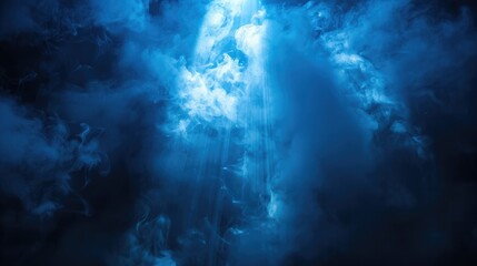 Poster - A strong beam of blue light cutting through thick smoke, illuminating a dark scene with a dramatic and captivating effect.