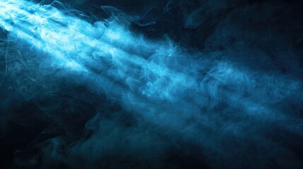 Poster - A strong beam of blue light cutting through thick smoke, illuminating a dark scene with a dramatic and captivating effect. 