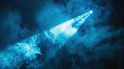 Poster - A strong beam of blue light cutting through thick smoke, illuminating a dark scene with a dramatic and captivating effect. 