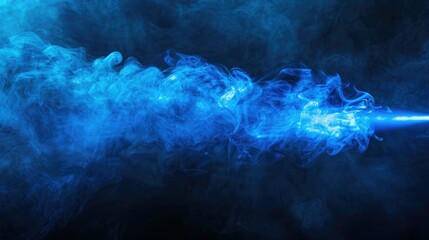 Poster - A strong beam of blue light cutting through thick smoke, illuminating a dark scene with a dramatic and captivating effect. 