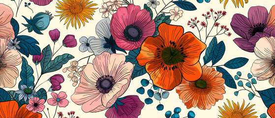 Sticker - Flower graphic seamless pattern. Vector floral texture with hand drawn flowers