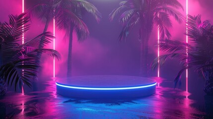 Poster - An empty pedestal with palm trees and glowing neon lights, providing a dynamic and eye-catching space for showcasing products. 