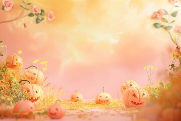 3d render of a pumpkin patch with smiling pumpkins on a pastel buttercream background, no peaple