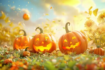 3d render of a pumpkin patch with smiling pumpkins on a pastel buttercream background, no peaple