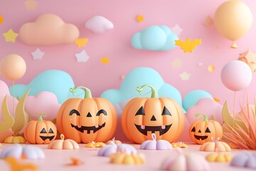 3d render of a pumpkin patch with smiling pumpkins on a pastel buttercream background, no peaple