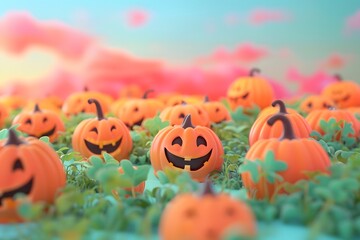 3d render of a pumpkin patch with smiling pumpkins on a pastel buttercream background, no peaple