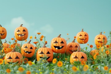3d render of a pumpkin patch with smiling pumpkins on a pastel buttercream background, no peaple