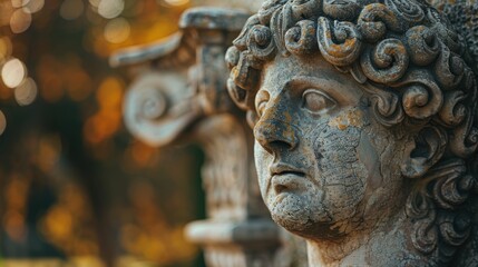 A weathered stone statue of a classical face with curly hair and detailed features captured with autumn foliage in the blurred background, showcasing intricate sculpture work