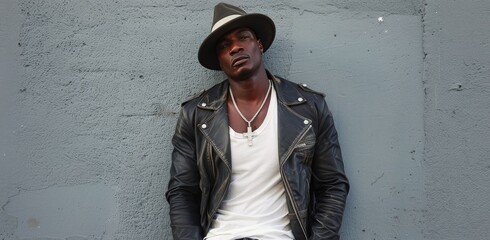 Man In Leather Jacket And Fedora Posing Against Grey Wall