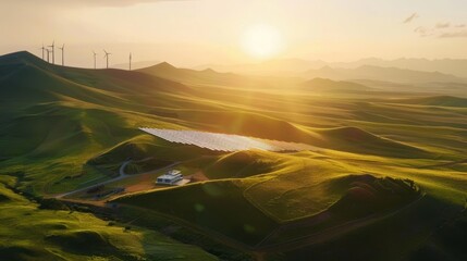 Wall Mural - A breathtaking landscape featuring a modern solar plant and a wind farm seamlessly integrated into a greenland in Inner Mongolia, perfect lighting 