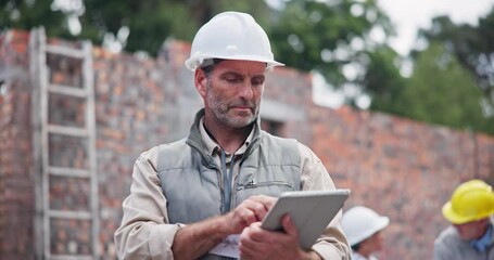 Poster - Construction, check and mature man with tablet for inspection, quality control and maintenance. Building site, male architecture and digital for supervisor, project management and online report