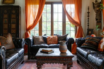 Luxury interior of the living room with antique furniture and a large window