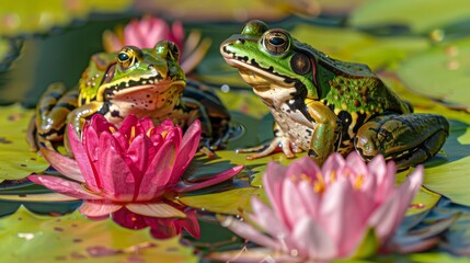 Frogs on lily pads in a blossoming pond, spring species, aquatic life