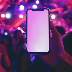 A plain white smart phone screen Mockup at a concert with colourful lights in the background