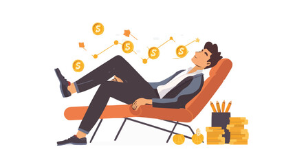 Passive income and market investing flat vector illustration. Investor man relax in chair and get money profits, stock dividends. Remote freelance work or trading online. Financial freedom concept.