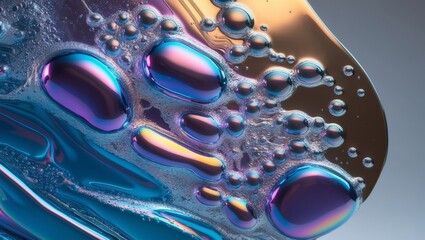 Sticker - Abstract photo of iridescent soap bubbles on a blue, glossy surface