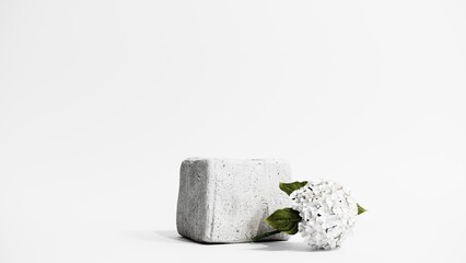 3d render of premium podium, display on white background with gerbera flowers. Mock up for the exhibitions, presentation of products. Minimalistic composition of geometric object.