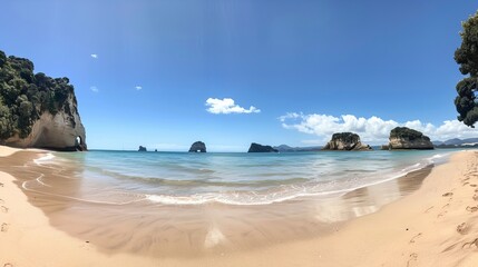 Wall Mural - Picturesque coastal panorama with sandy beach and blue waters perfect for travel brochures and nature websites. Stunning sunny day with clear sky. Great for vacation promotions. AI