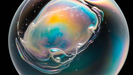 Canvas Print - A large, iridescent soap bubble with swirling patterns and small bubbles inside