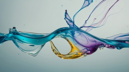 Poster - Blue, purple, and yellow liquid create abstract shapes and patterns against a light blue background