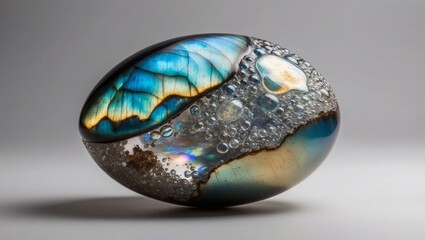 Wall Mural - An egg-shaped polished labradorite stone with air bubbles trapped in resin