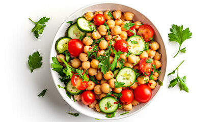 Wall Mural - Tasty salad with chickpeas, cherry tomatoes and cucumbers isolated on white, top view