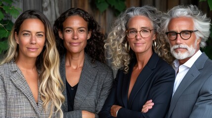Four adults with varying styles of gray and wavy hair posing together wearing professional attire in an outdoor setting with greenery in the background