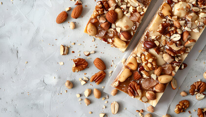 Canvas Print - Pieces of delicious nutty nougat on light gray table, top view. Space for text